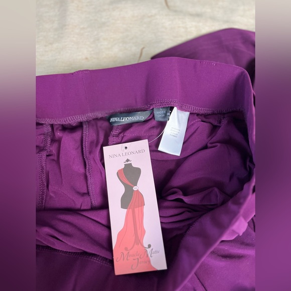 Nina Leonard | New Narrow leg Pleat Front Purple Sz L Jersey self tie pants belt - Picture 14 of 16